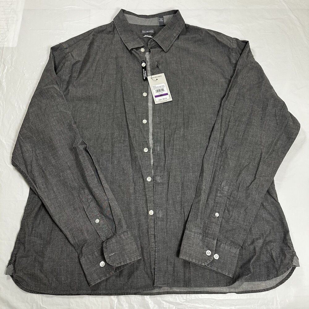 Van Huesen Mens Size XXL  Long Sleeve Shirt Never Tuck Slim Fit High Rise